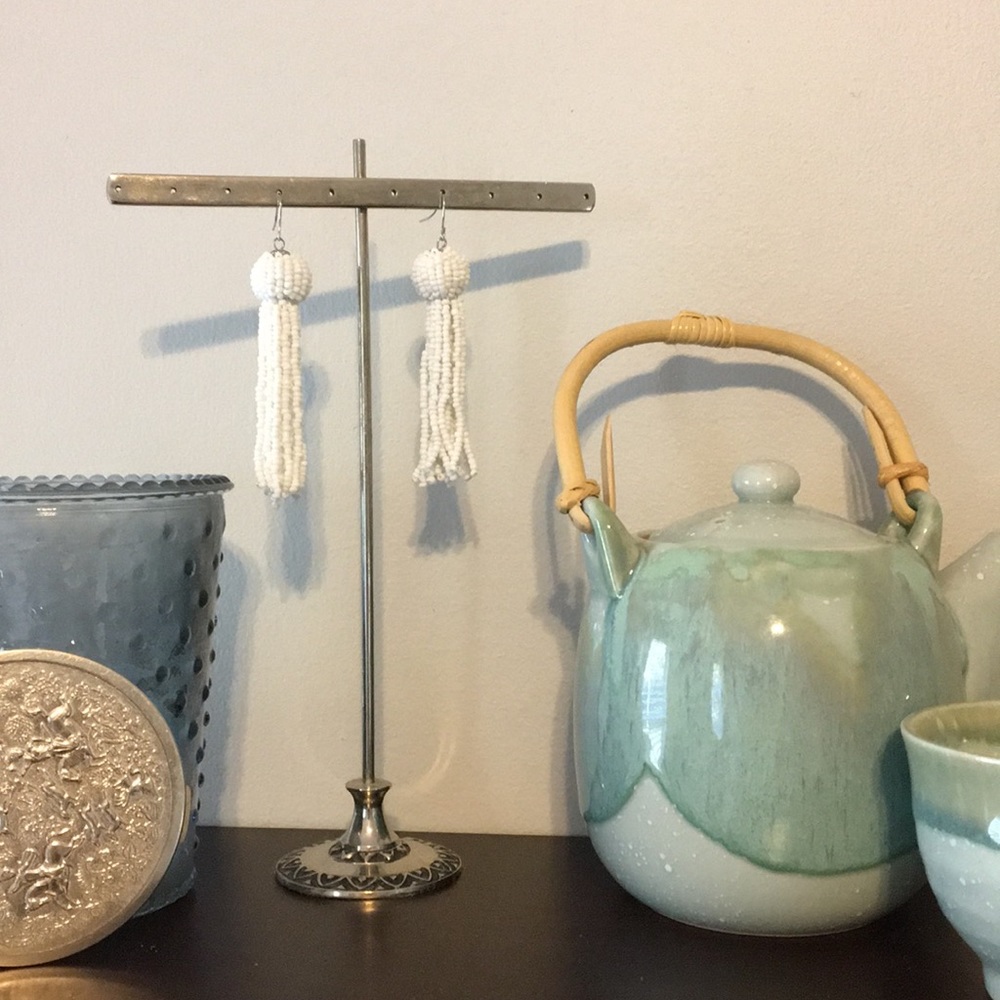 White Beaded Tassel Earrings